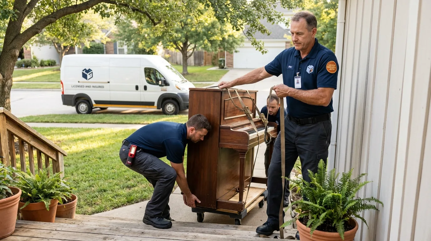 Licensed piano movers securing grand piano in Forreston, IL