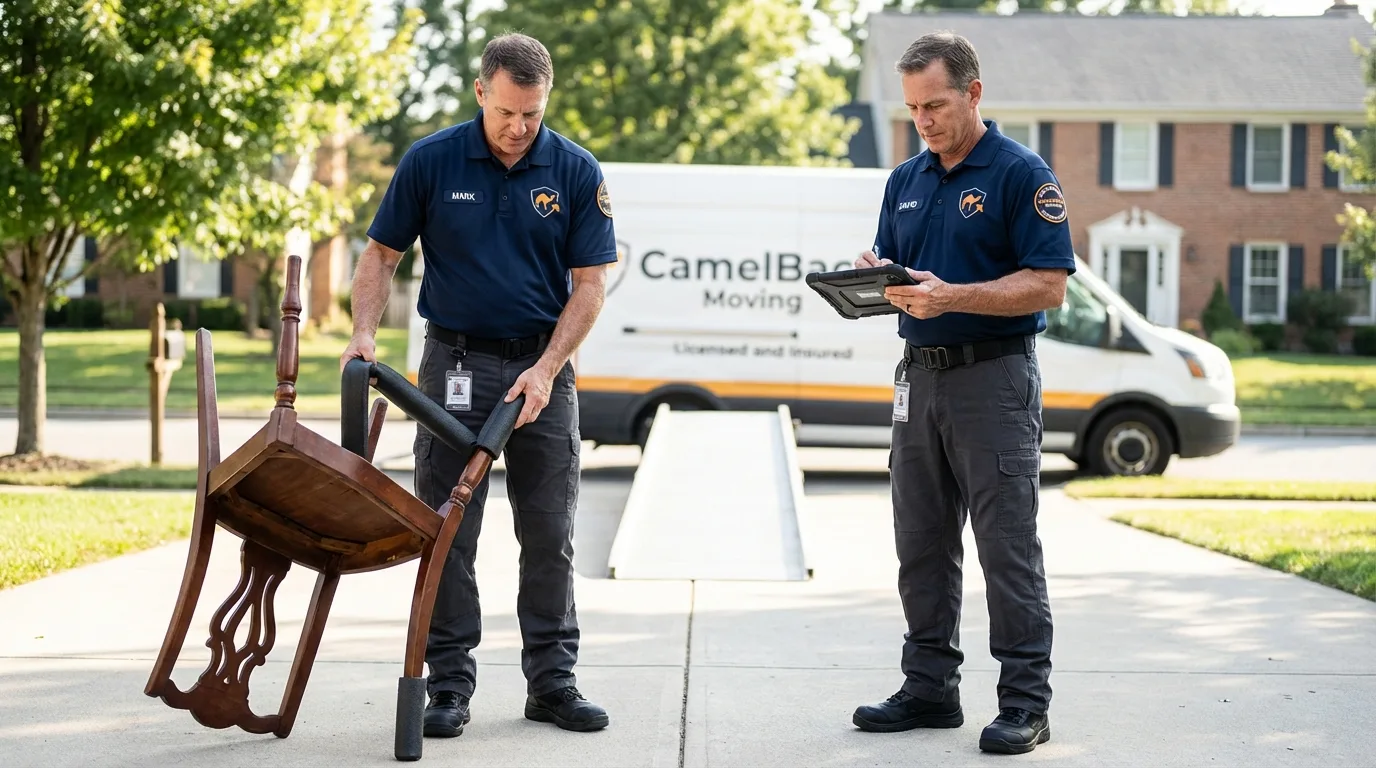 Movers inspecting furniture for damage prevention before loading in Forreston, IL
