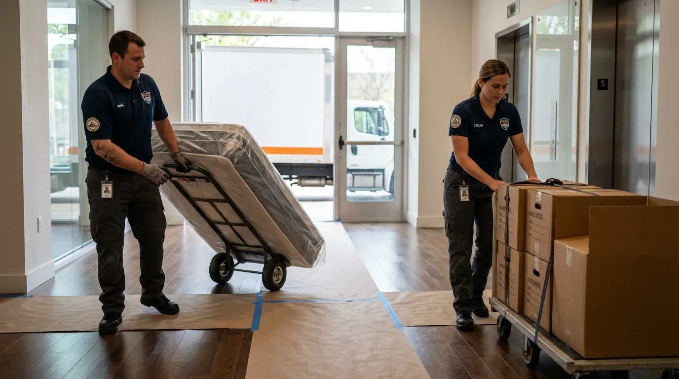 Professional apartment movers loading elevator in Forreston, IL